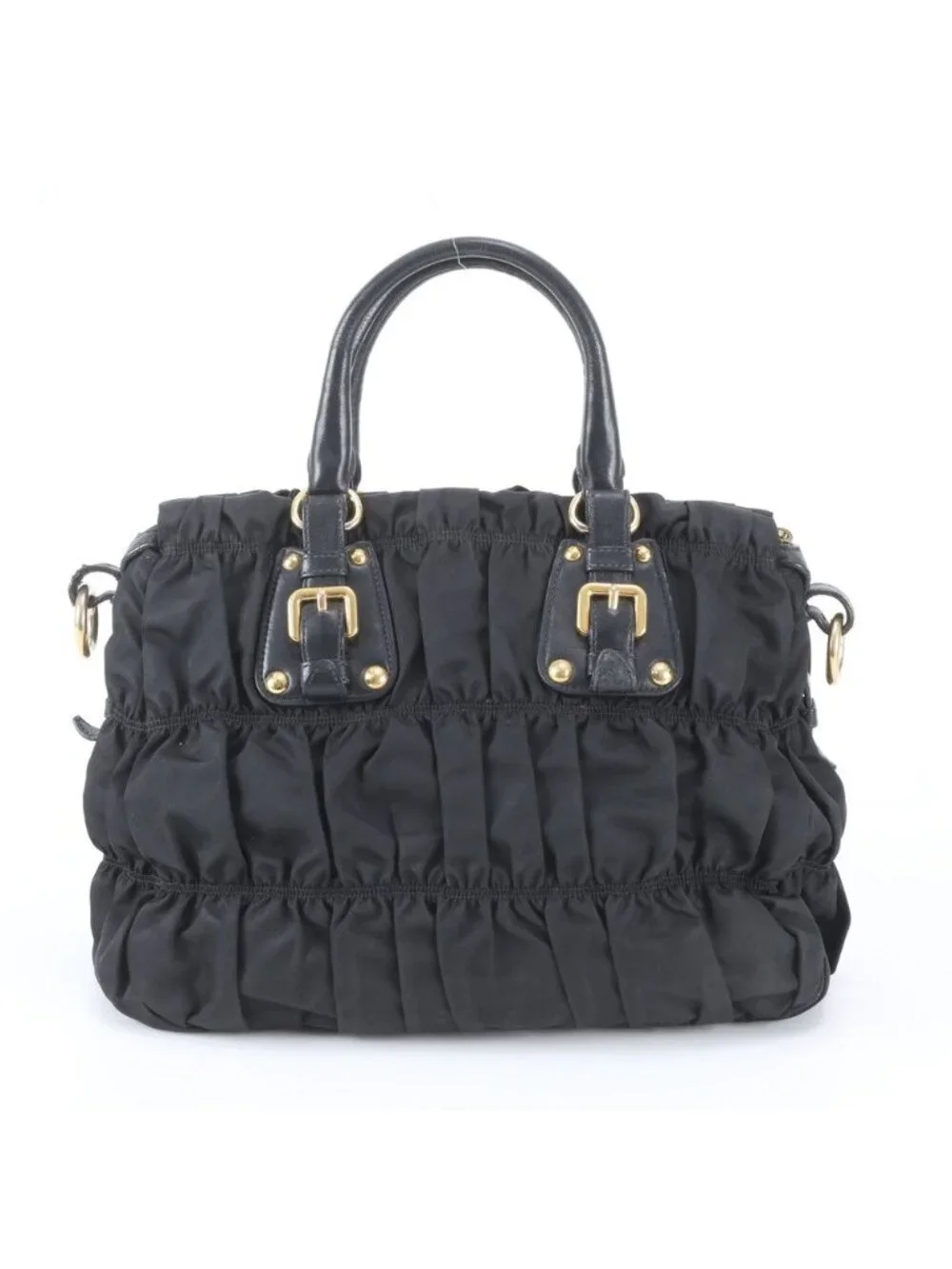 Prada Tessuto Nylon Gathered Leather Tote Shoulder Hand Black